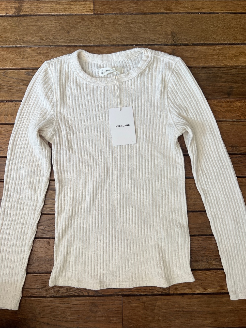 Everlane Bone White Rib Knit Crew Long Sleeve Top Size Small NWT New With Tags